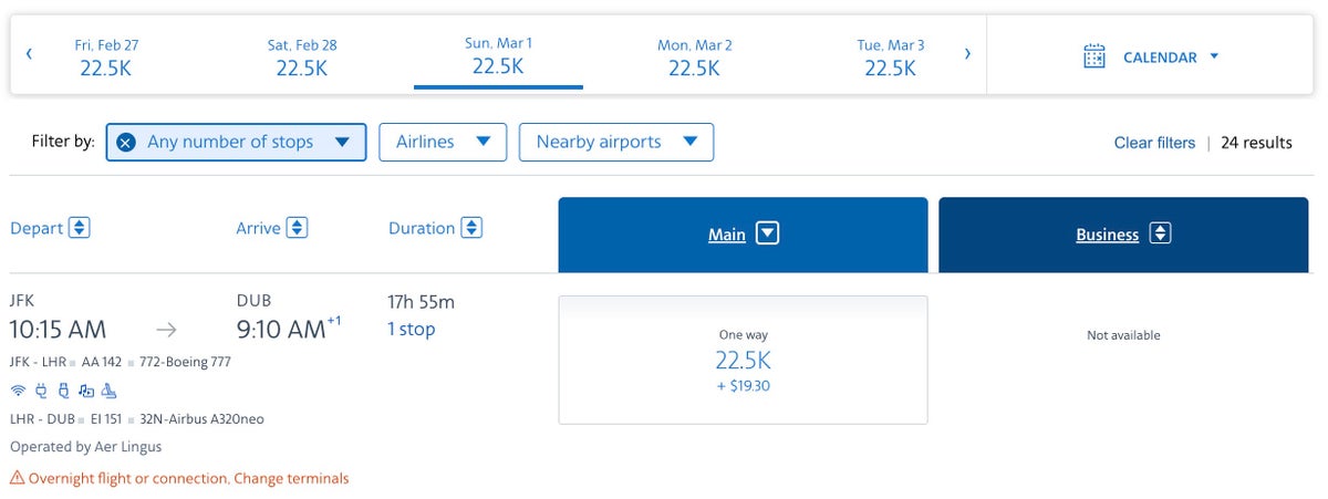AA Aer Lingus economy award AA Aer Lingus economy award
