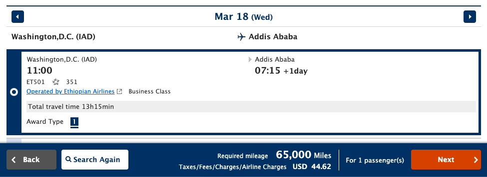 ANA Ethiopian Award Booking cost