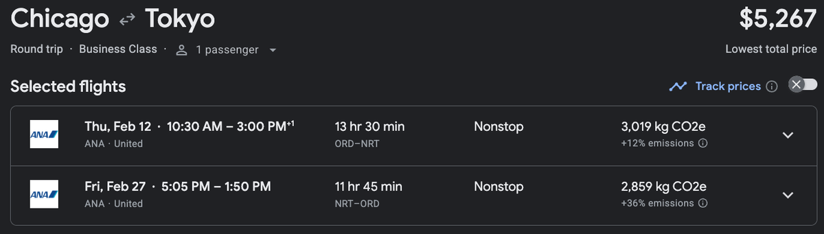 ANA business class Google Flights