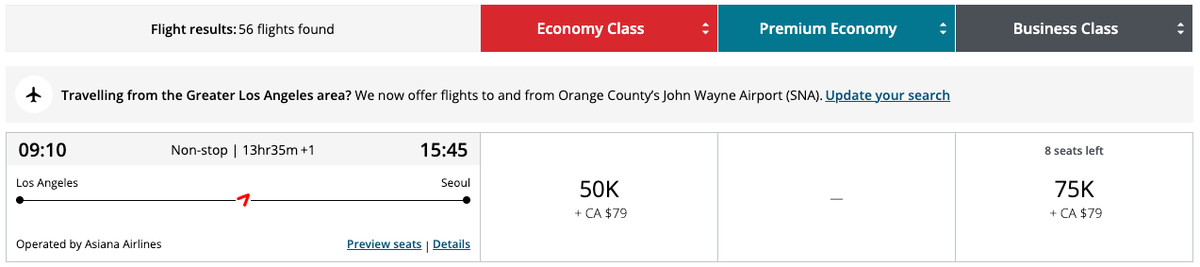 Aeroplan 75k business LAX ICN