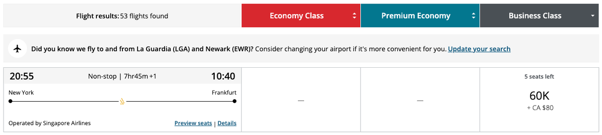 Aeroplan award JFK FRA Singapore business