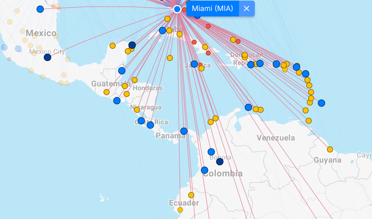 American Airlines route map from Miami MIA American Airlines route map from Miami MIA
