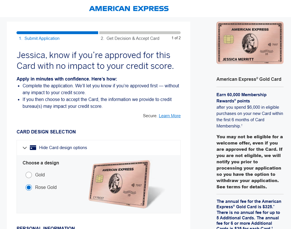 American Express Amex Gold card application page