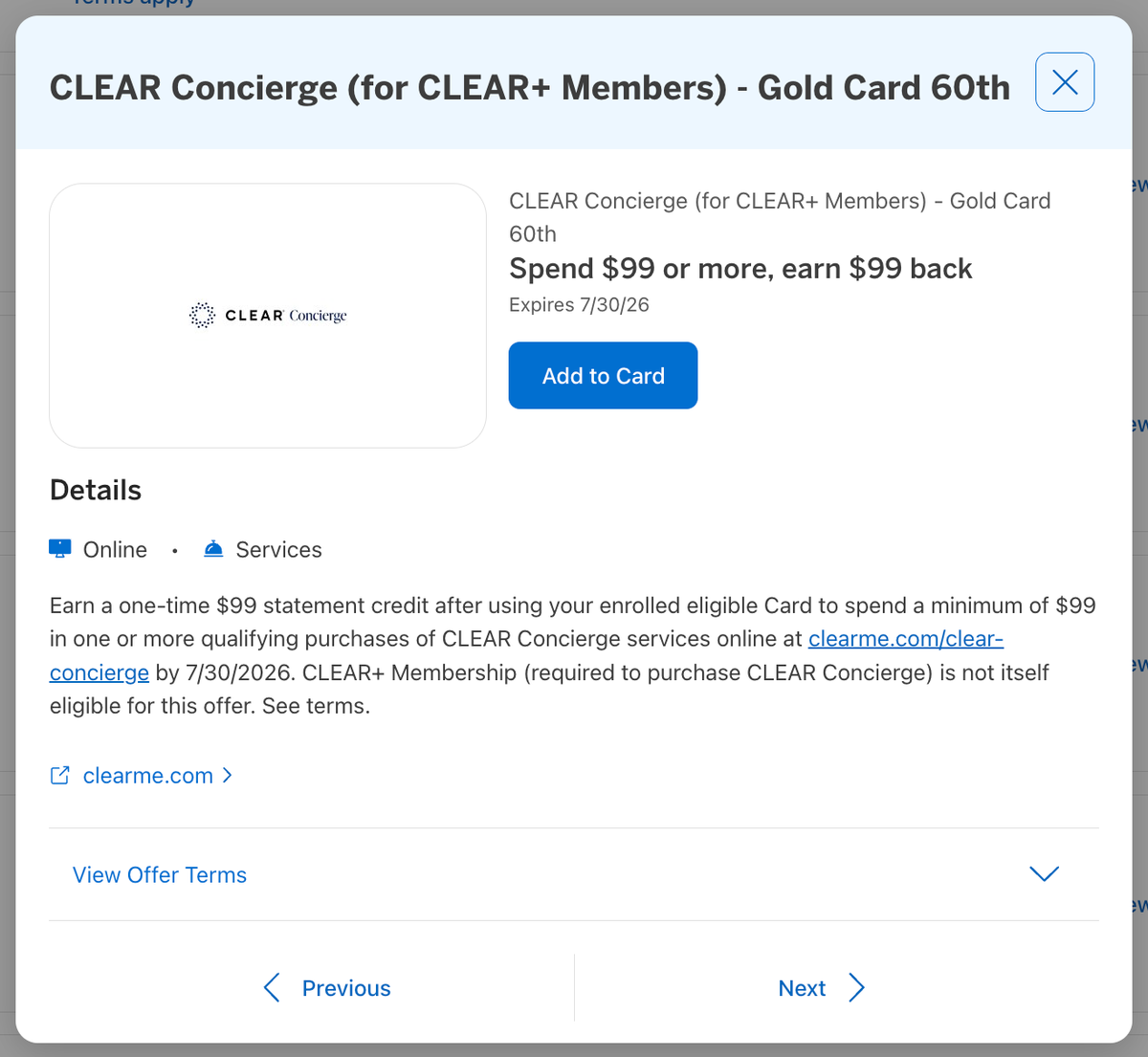 Amex Offer CLEAR Concierge April 2026 Amex Offer CLEAR Concierge April 2026