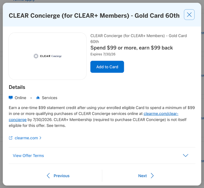 Amex Offer CLEAR Concierge April 2026