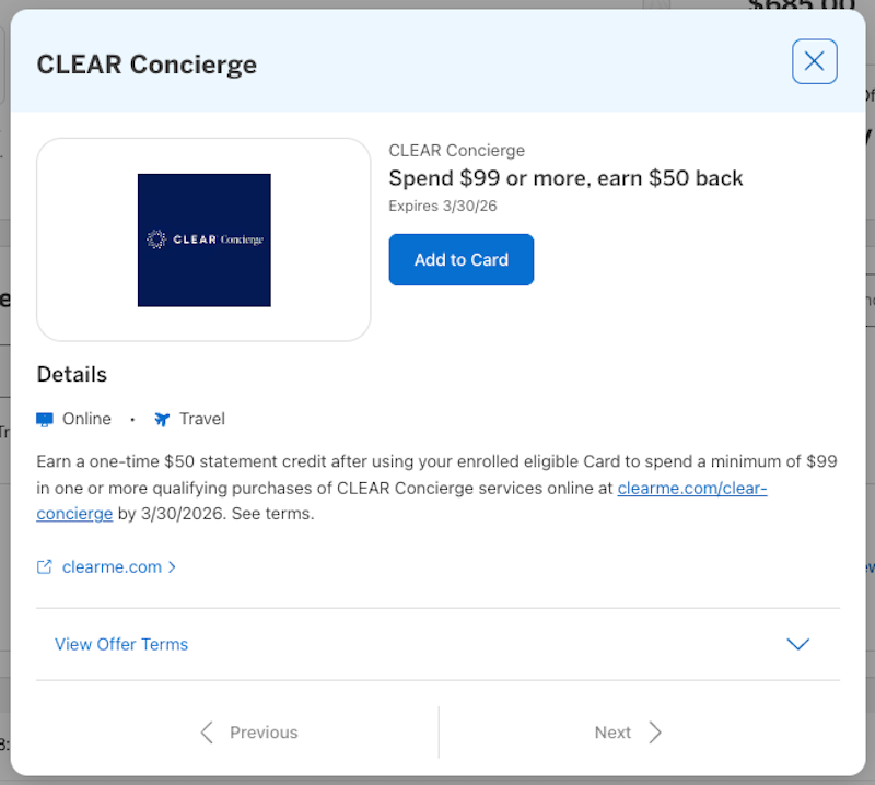 Amex Offer CLEAR Concierge January 2026