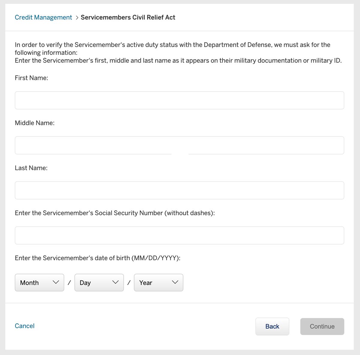 Amex apply for SCRA benefits personal info