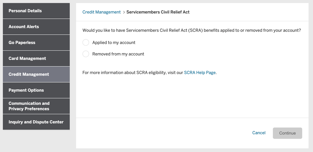 Amex apply for SCRA benefits