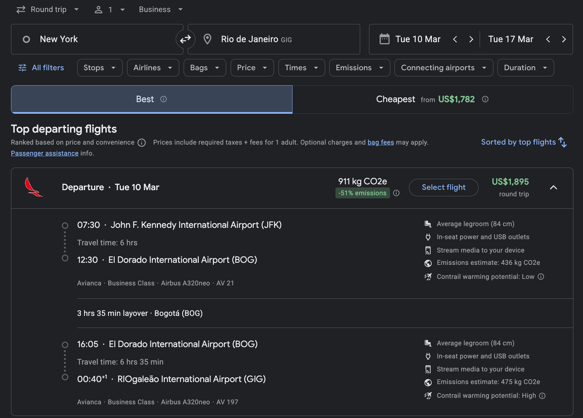 Avianca Business Class Fares NYC to Rio