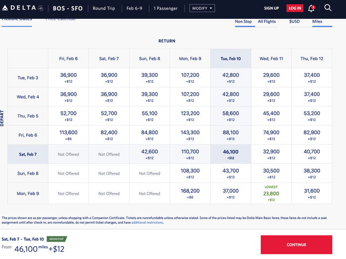 BOS SFO DL award pricing