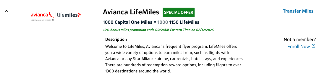 Capital One Lifemiles transfer bonus January 2026