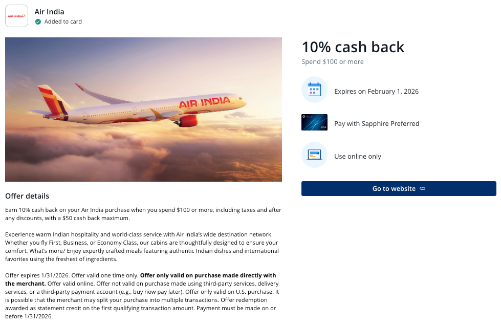 Chase Offer Air India January 2026