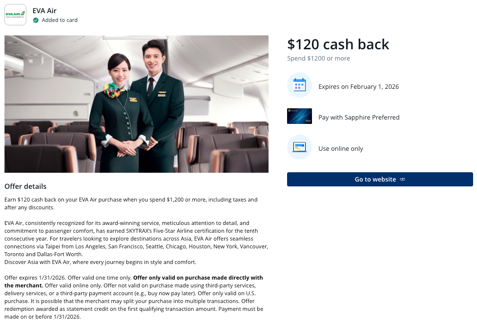 Chase Offer EVA Air January 2026