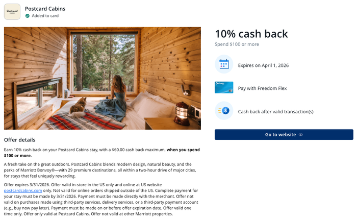 Chase Offer Postcard Cabins January 2026