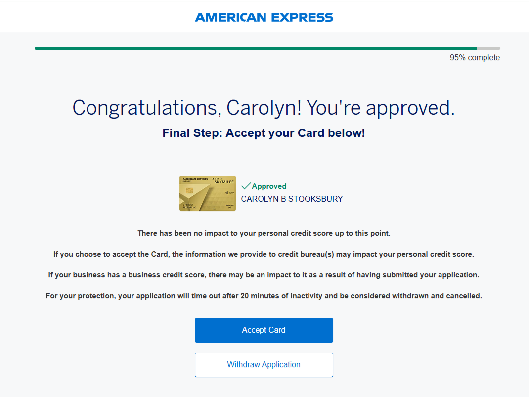 Delta Gold Business card approval after pop up