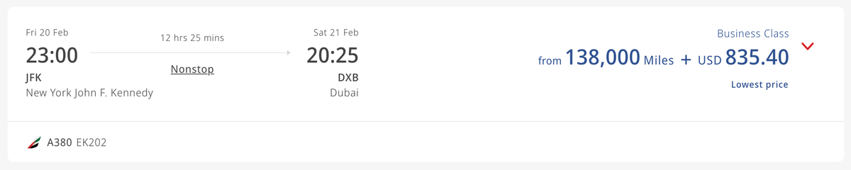 Emirates business JFK DXB Skywards award