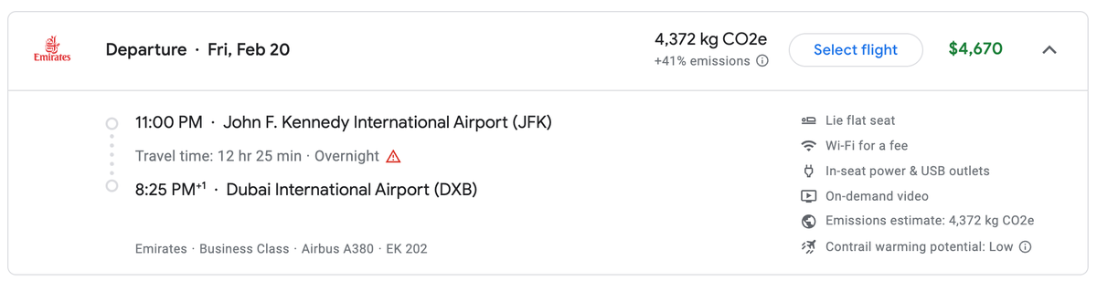 Emirates business JFK DXB cash price