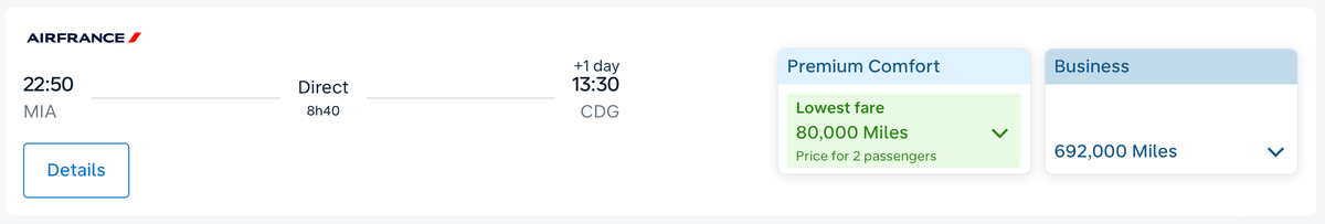 Flying Blue premium eonomy ticket from Miami to Paris