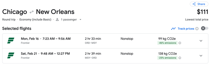 Frontier Airlines itinerary from Chicago to New Orleans on Google Flights