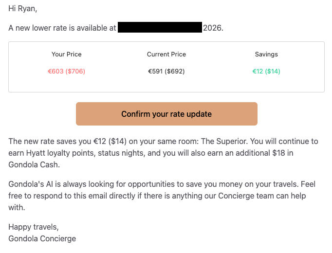 Gondola rate change notification