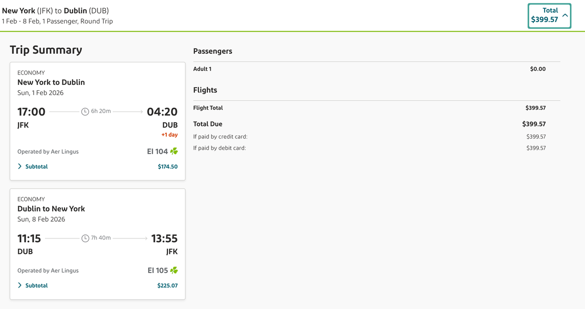 JFK DUB Aer Lingus cash rate