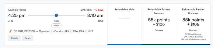 JFK to FRA to HKT cost in points business + PE JFK to FRA to HKT cost in points business + PE