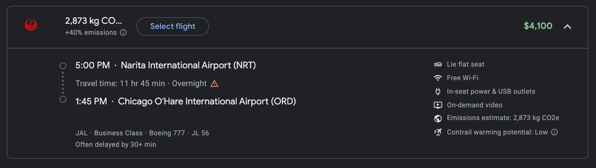 Japan Airlines business class cash price. Google Flights