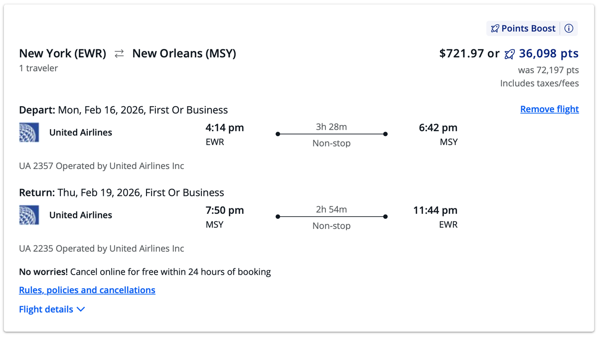 Points Boost Rates from Newark to New Orleans Points Boost Rates from Newark to New Orleans