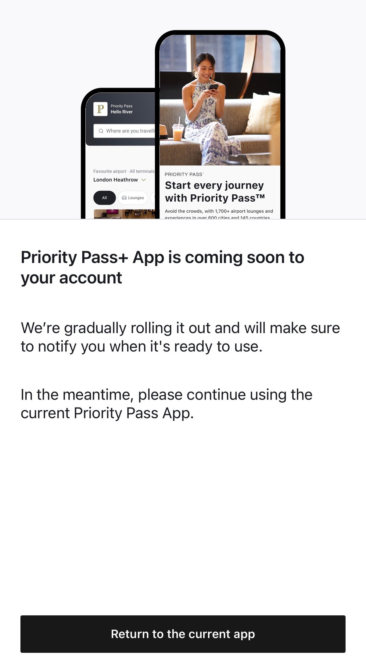 Screenshot Priority Pass+ app coming soon