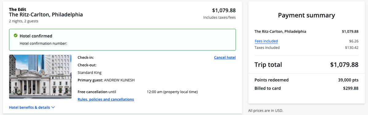 Ritz Carlton Philadelphia stay on Chase Travel