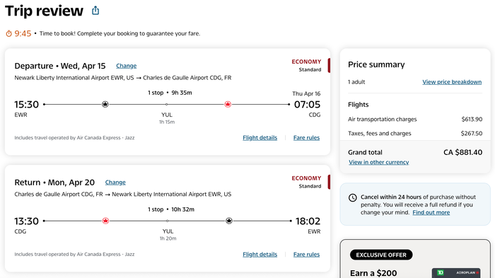 Air Canada EWR-YUL-CDG economy fare