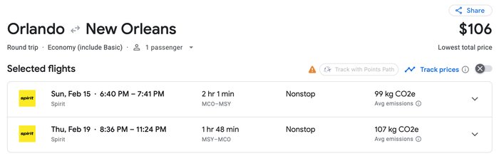 Spirit Airlines itinerary from Orlando to New Orleans on Google Flights