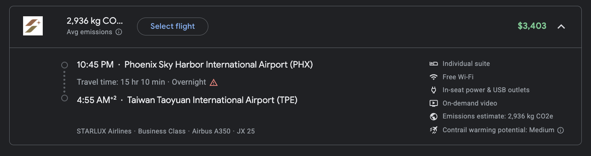 Starlux Airlines business class cash price. Google Flights