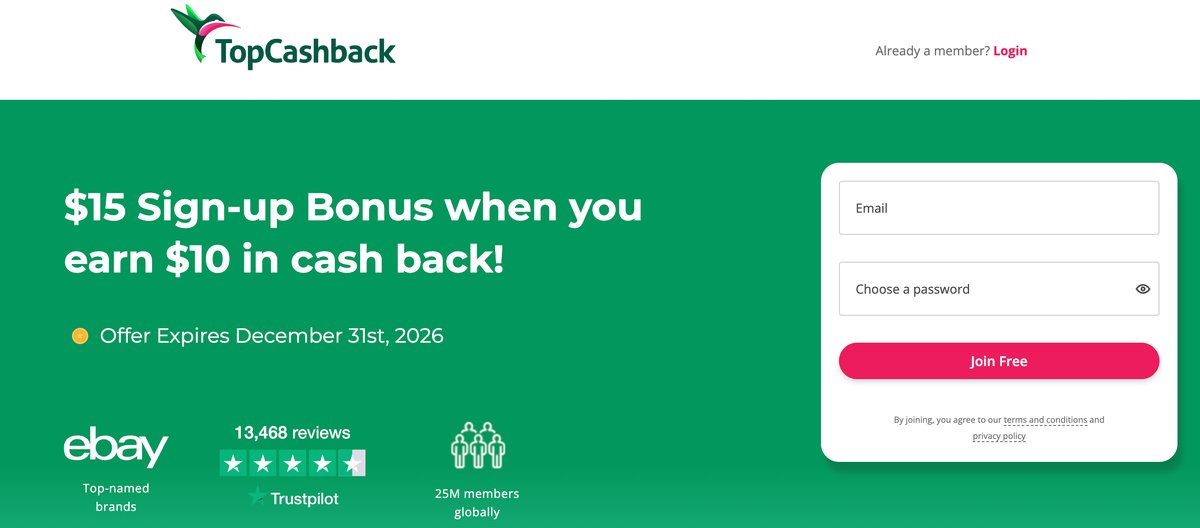 TopCashBack 15 sign up bonus