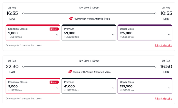 Virgin Atlantic LAX LHR Redemption