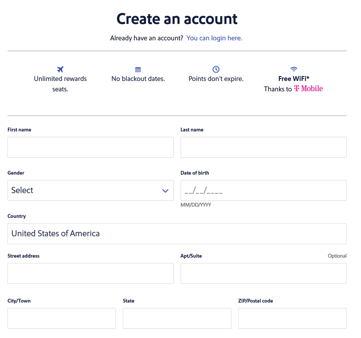 southwest airlines create account screen 2026