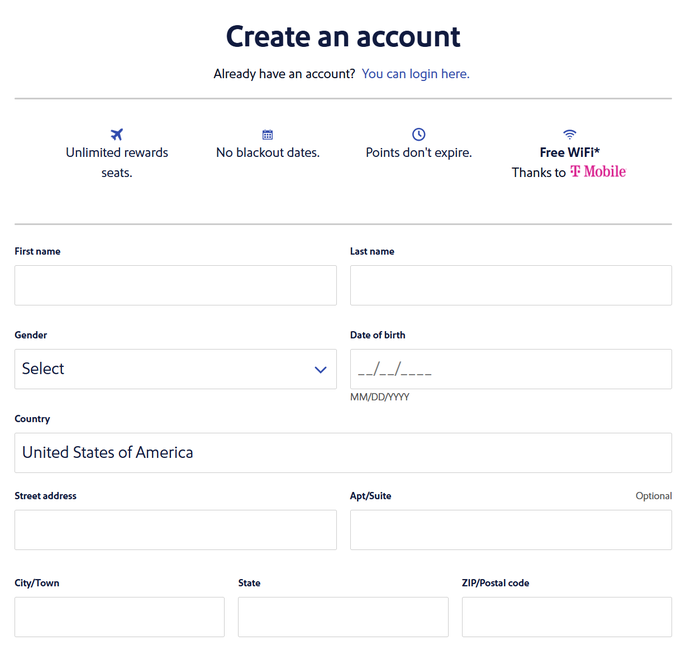 southwest airlines create account screen 2026