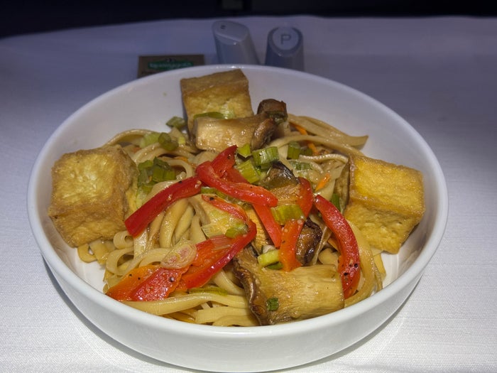 AA Flagship Suite Business Class asian noodles AA Flagship Suite Business Class asian noodles