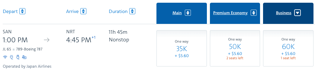 AA award JAL SAN NRT business 60k