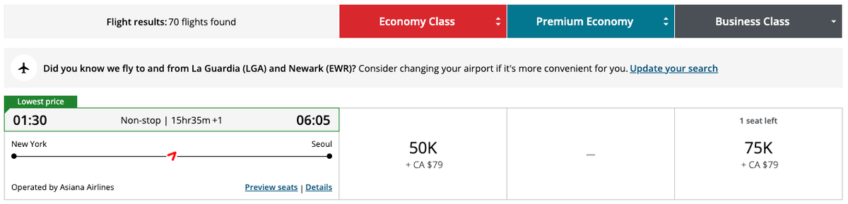 Aeroplan JFK ICN 75k business redemption Aeroplan JFK ICN 75k business redemption