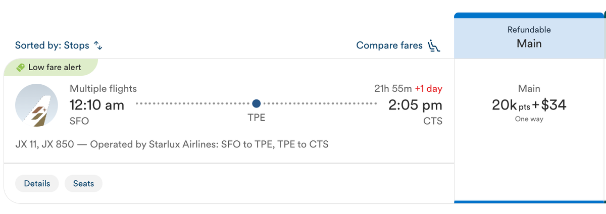 Alaska Atmos 20k one way economy SFO CTS