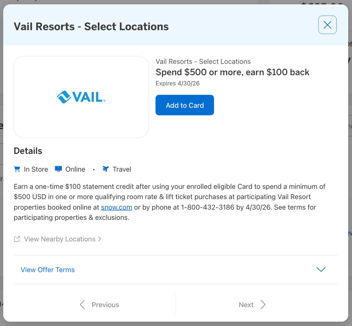 Amex Offer Vail ski February 2026