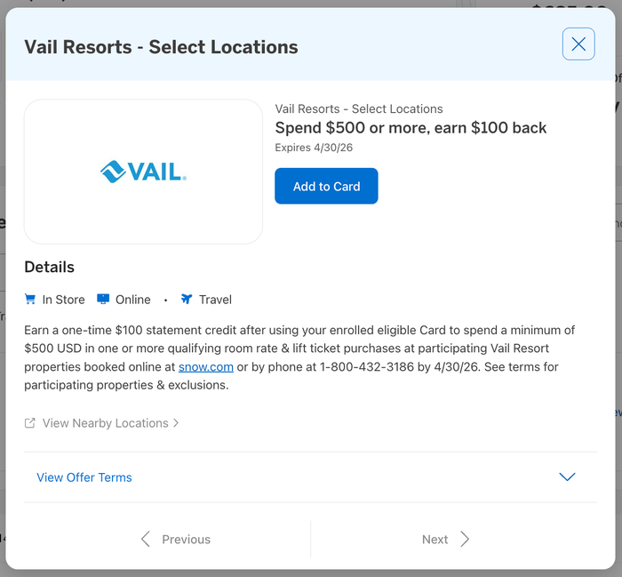 Amex Offer Vail ski February 2026