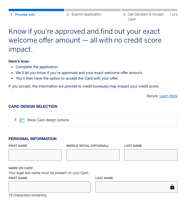 Amex Platinum card application page info