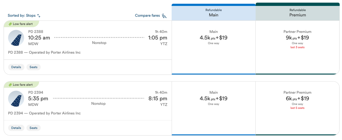 Atmos Rewards itinerary from Chicago to Toronto on Porter Airlines