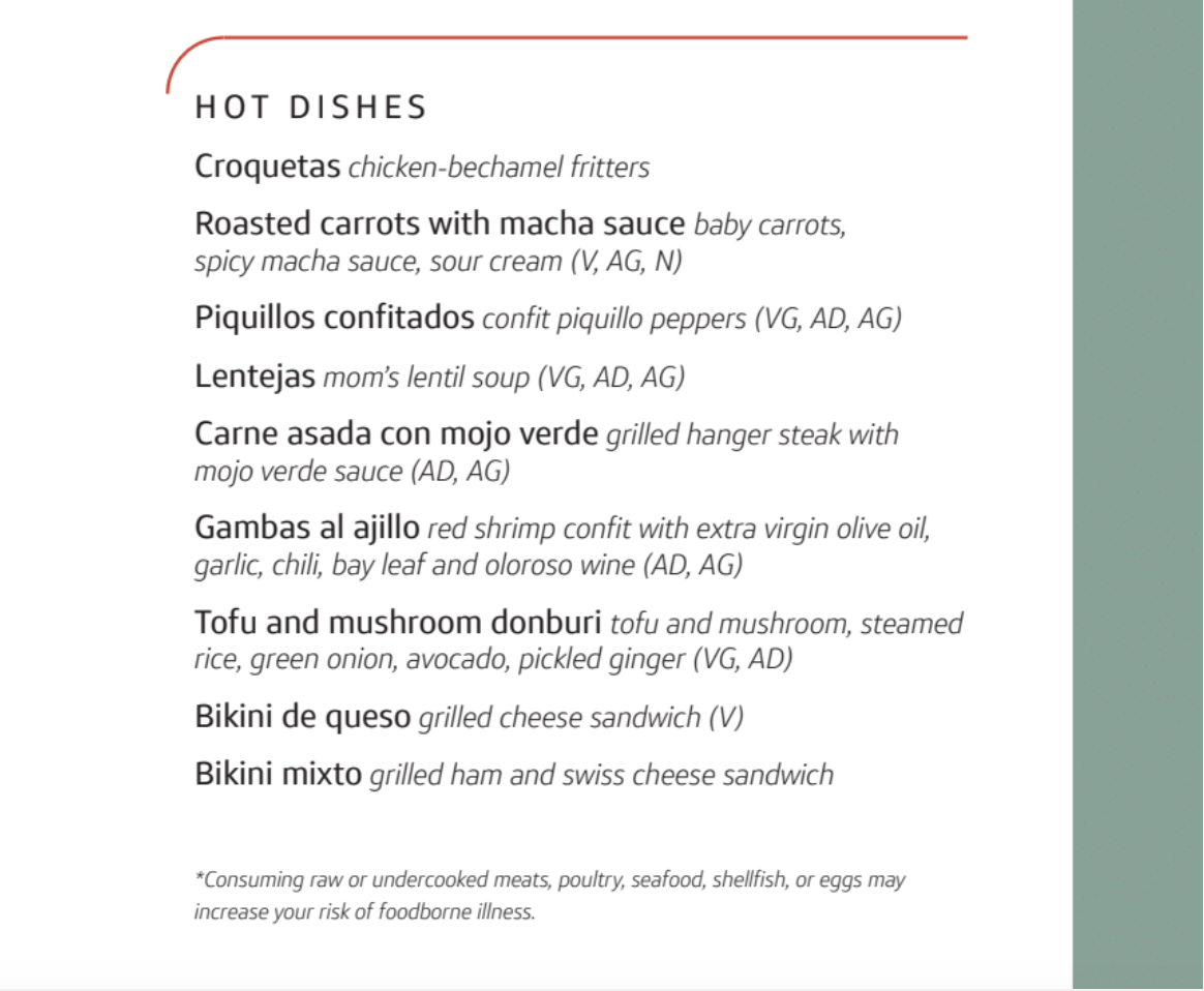 Capital One Lounge LGA Hot Items Menu