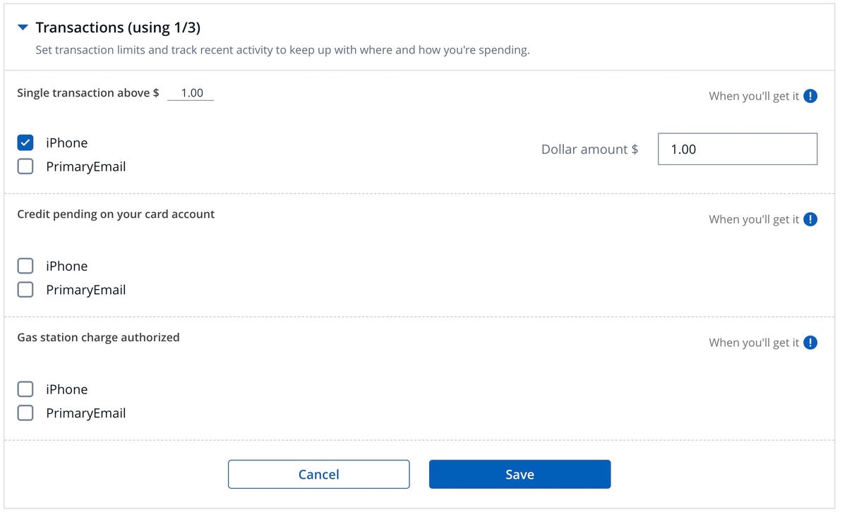 Chase alerts manage page