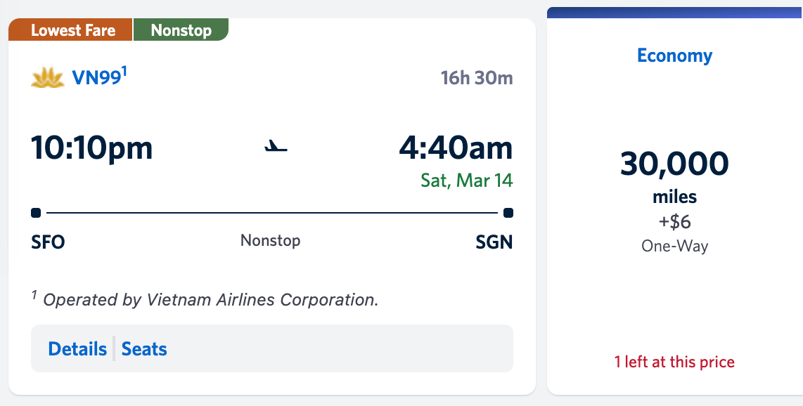 Delta SkyMiles SFO SGN for 30k Delta miles