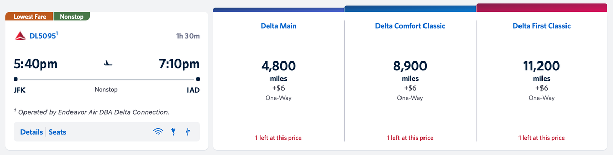 Delta award ticket from New York JFK to Washington Dulles