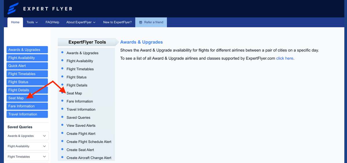 ExpertFlyer home page menu